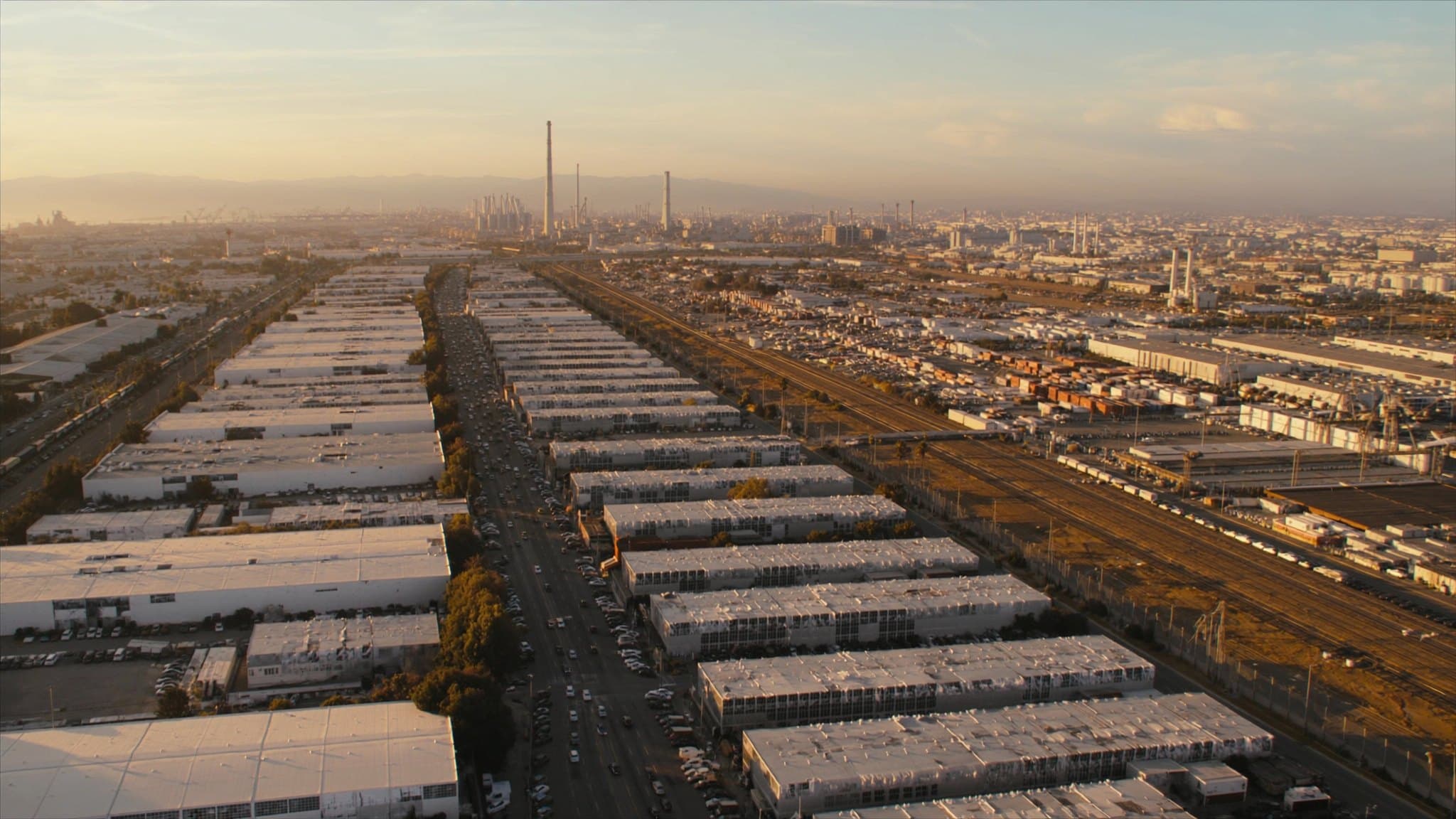 Aerial view of a commercial and logistics park in evening light